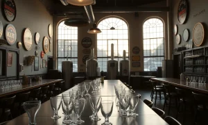 Empty brewery taproom after successful 30-year business closing with vintage decor
