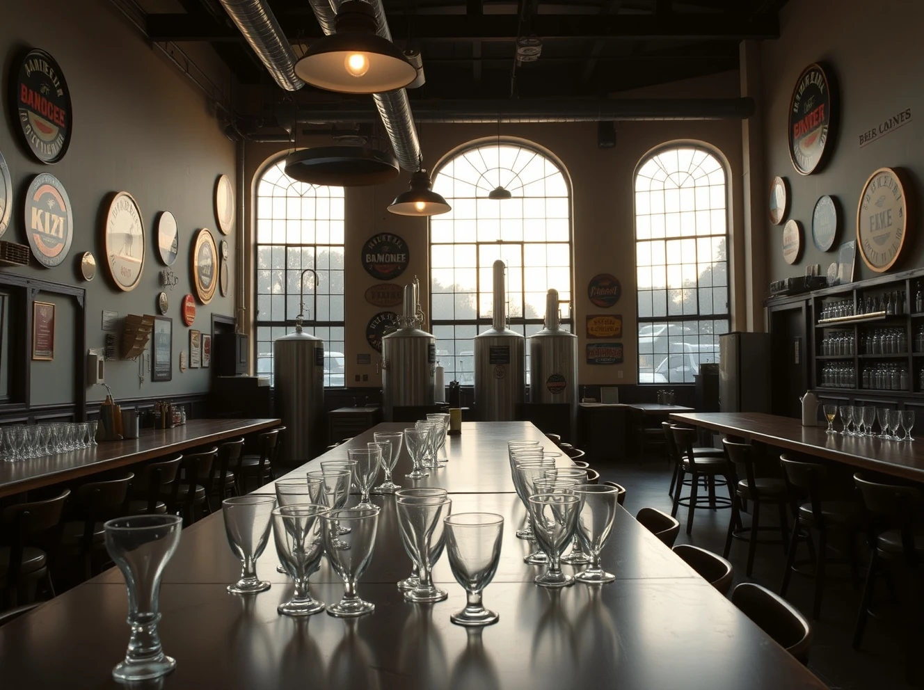 Empty brewery taproom after successful 30-year business closing with vintage decor