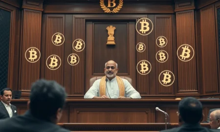 Indian courtroom delivering landmark crypto crime verdict with judge and digital currency symbols