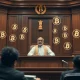 Indian courtroom delivering landmark crypto crime verdict with judge and digital currency symbols