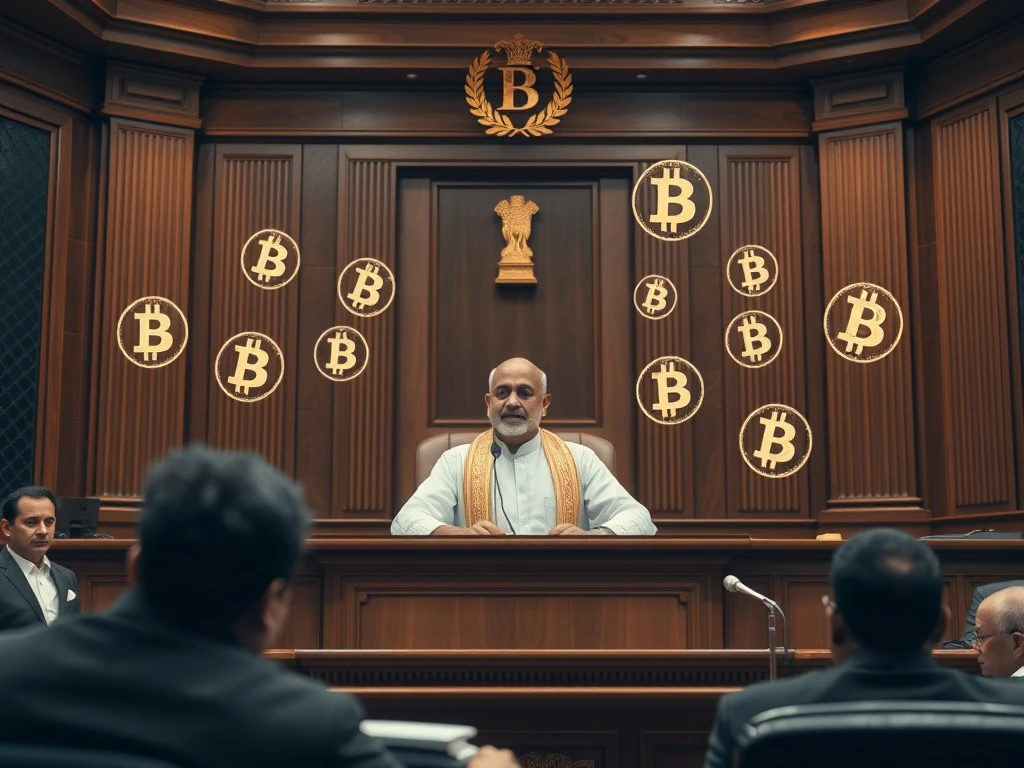 Indian courtroom delivering landmark crypto crime verdict with judge and digital currency symbols