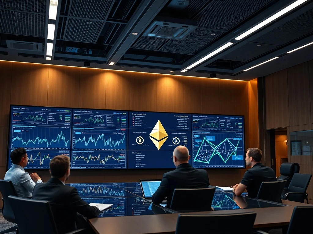 Corporate boardroom analyzing institutional Ethereum adoption through digital charts and blockchain data visualization