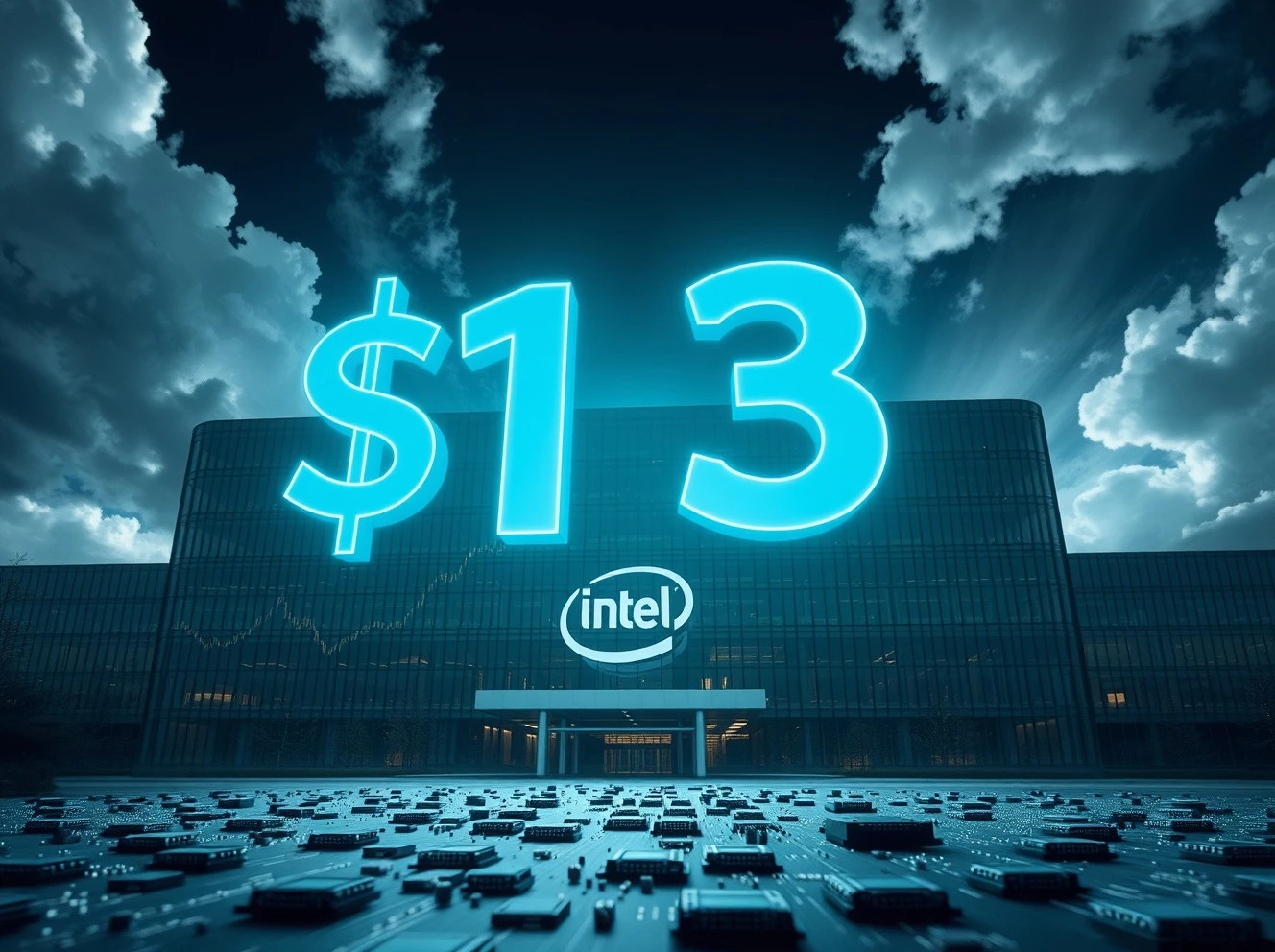 Intel financial challenge illustrated through corporate financial charts and semiconductor components