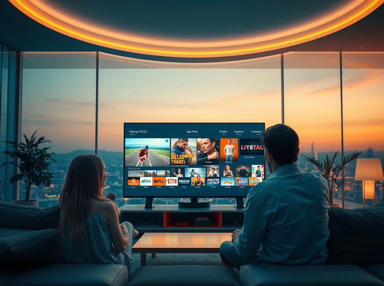 A family enjoys diverse content on a large screen, highlighting the convenience and variety of IPTV entertainment.