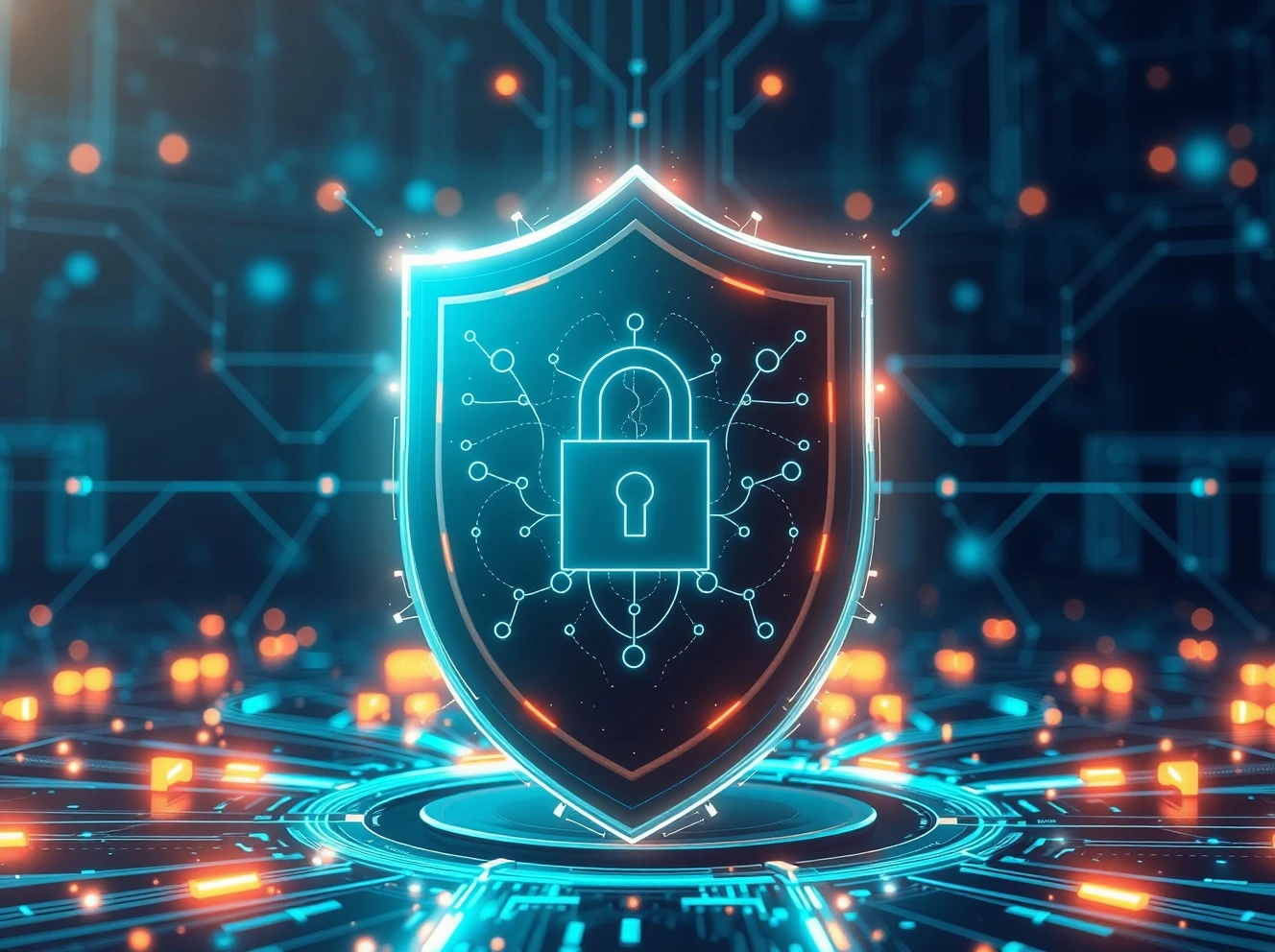 AI security shield protecting neural network from cyber threats