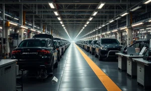 Jaguar Land Rover production crisis showing empty factory assembly line during extended shutdown