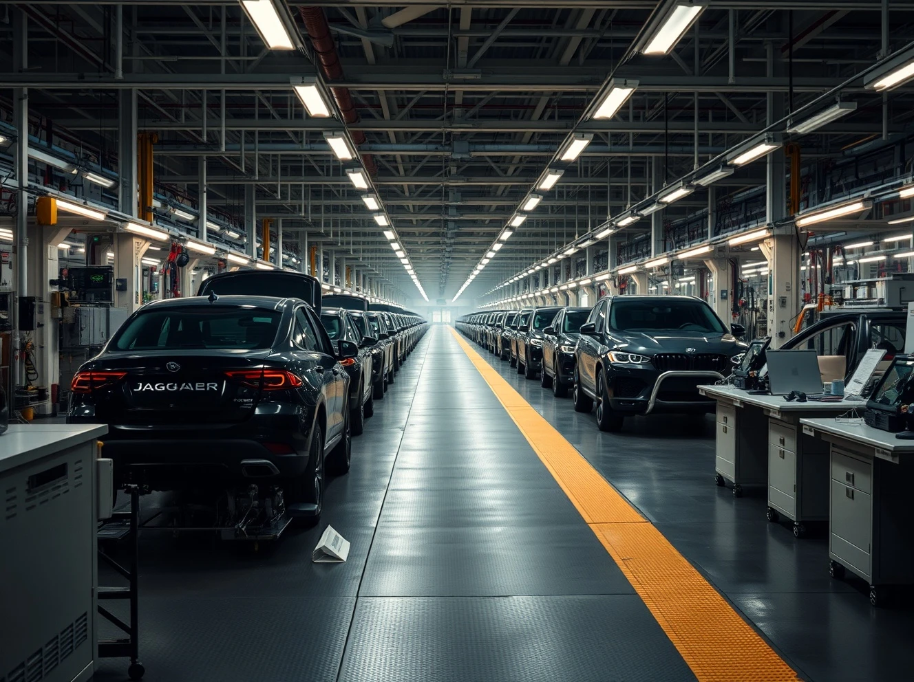 Jaguar Land Rover production crisis showing empty factory assembly line during extended shutdown