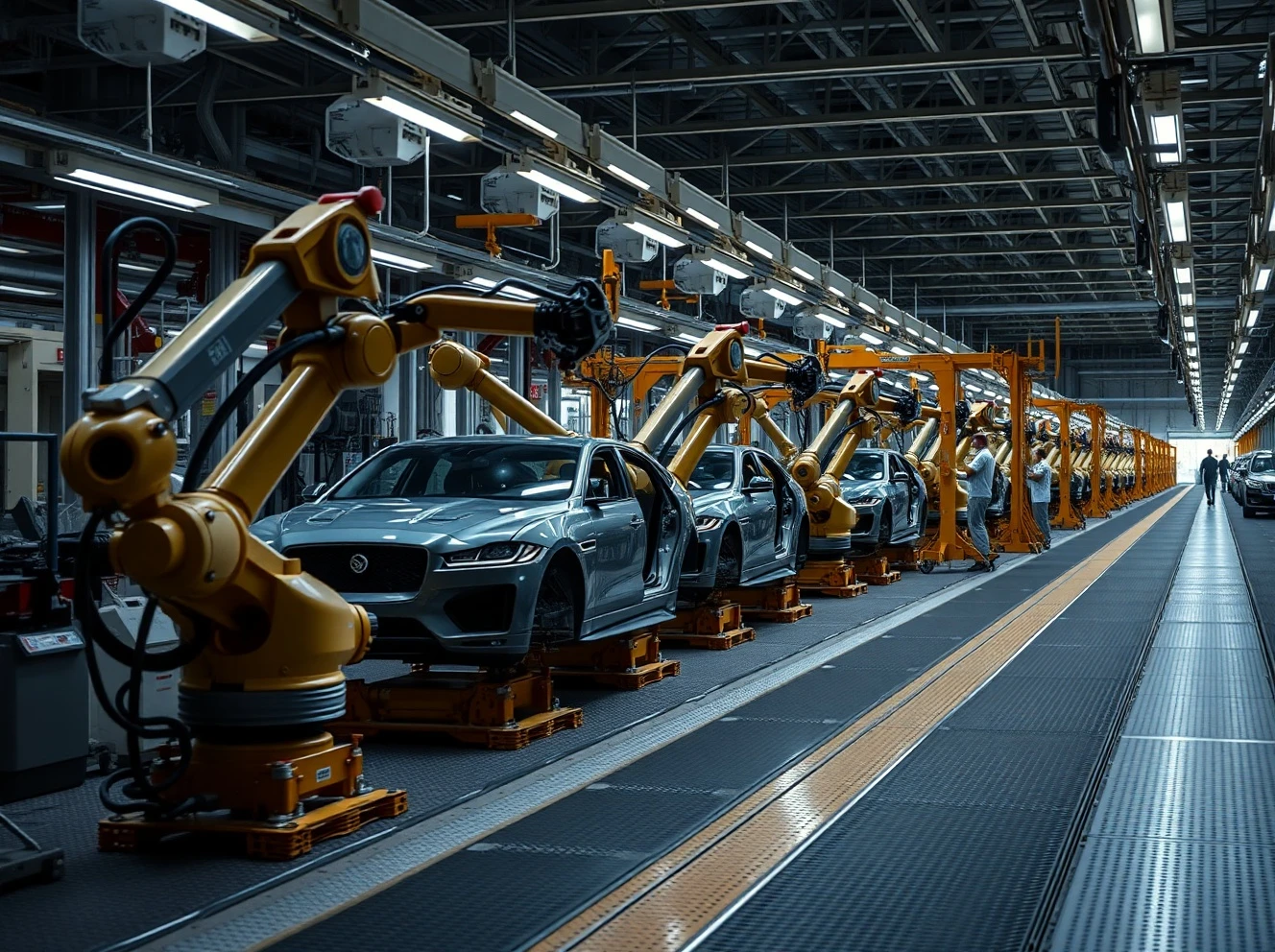Jaguar Land Rover production shutdown showing empty factory assembly line after cyberattack