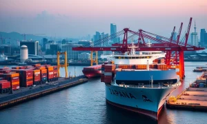 Japan exports analysis showing container ships and economic data charts