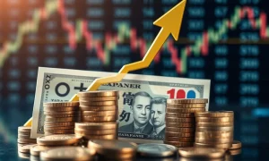 Japanese Yen currency showing upward trend with financial market analysis background