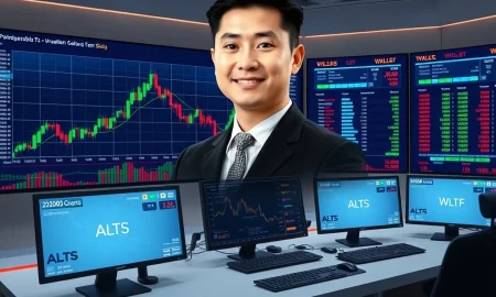 Justin Sun investing in crypto-linked equities with market charts and financial data visualization