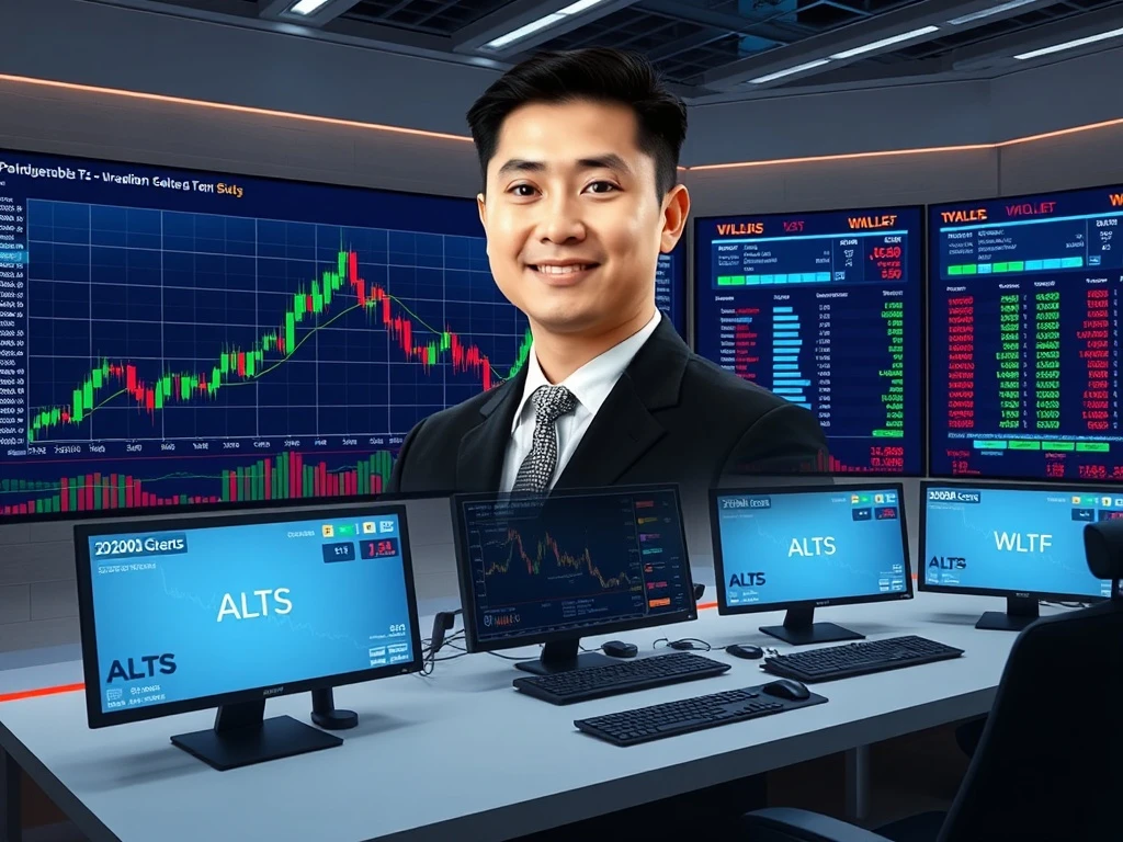 Justin Sun investing in crypto-linked equities with market charts and financial data visualization