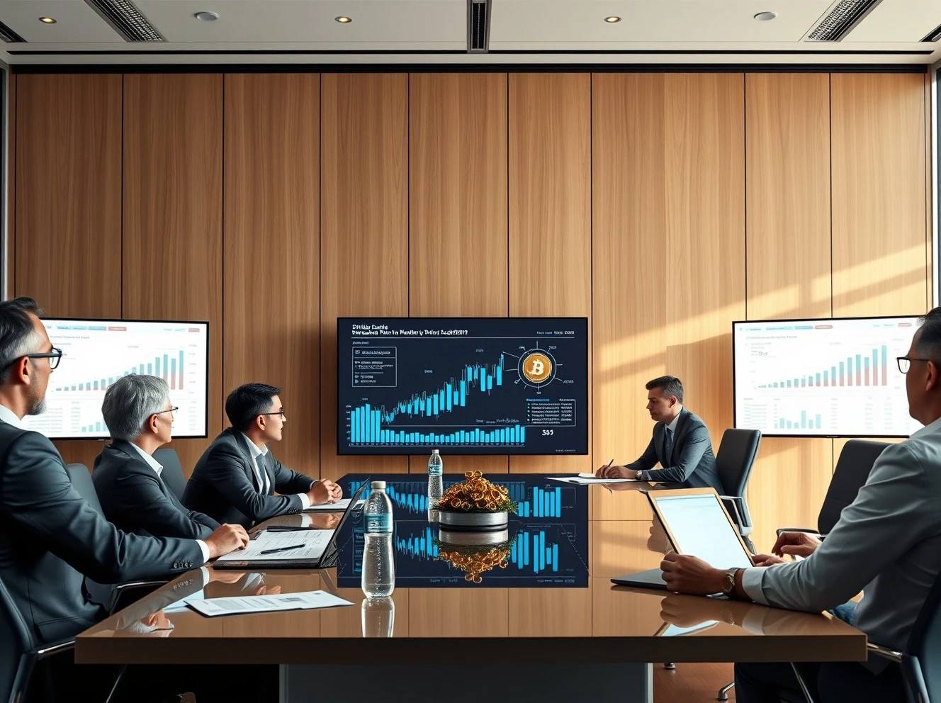 Strategic stablecoin cooperation meeting between traditional banking and cryptocurrency leaders discussing digital finance innovation
