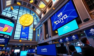 Klarna IPO celebration at New York Stock Exchange with digital payment visualization