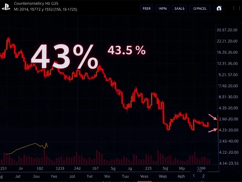 Dramatic KMNO drops chart showing 43% cryptocurrency crash with liquidity warning indicators