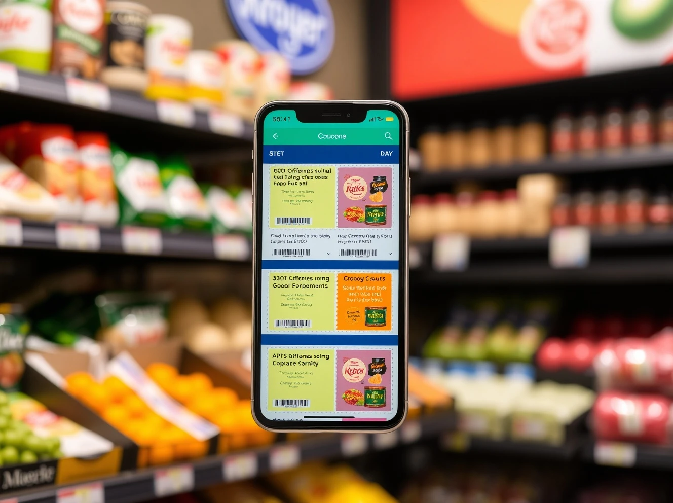 Kroger digital coupons displayed on smartphone screen during grocery shopping