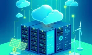Cloud mining platform showing digital infrastructure connecting to renewable energy sources for cryptocurrency passive income