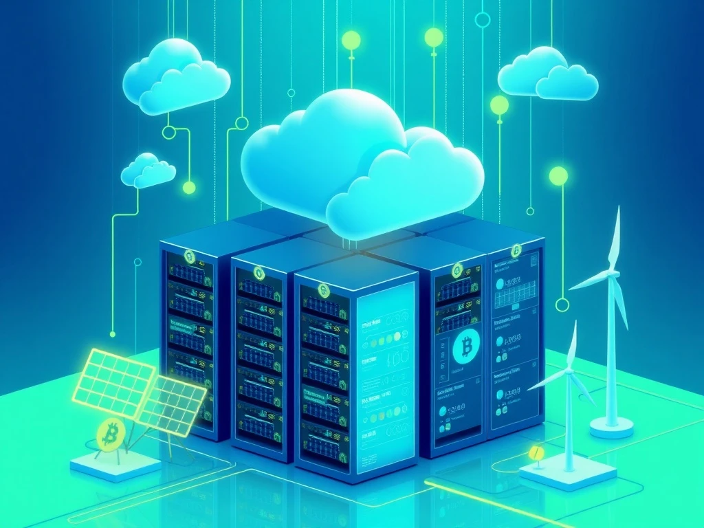 Cloud mining platform showing digital infrastructure connecting to renewable energy sources for cryptocurrency passive income