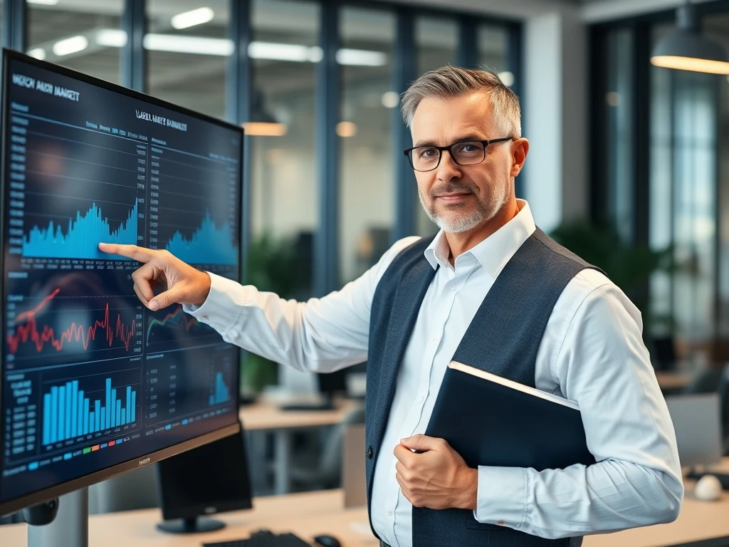 Economist analyzing labor market new normal trends with data visualization charts showing employment patterns