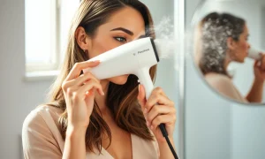 Professional woman using Laifen high-speed hair dryer for efficient morning routine