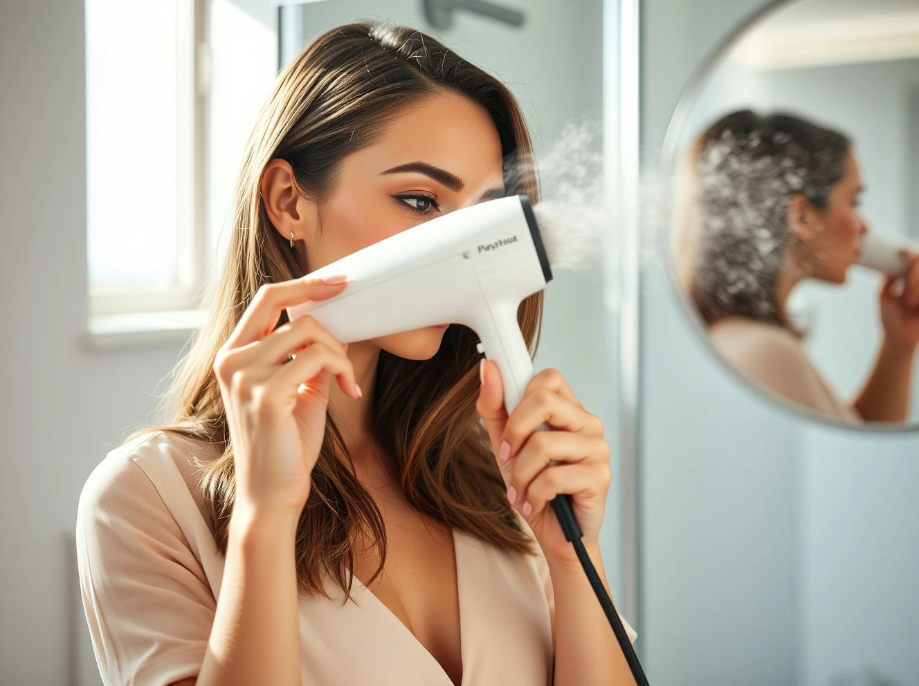 Professional woman using Laifen high-speed hair dryer for efficient morning routine