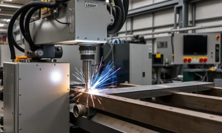 Professional operating laser welding machine with proper safety equipment in Canadian manufacturing facility