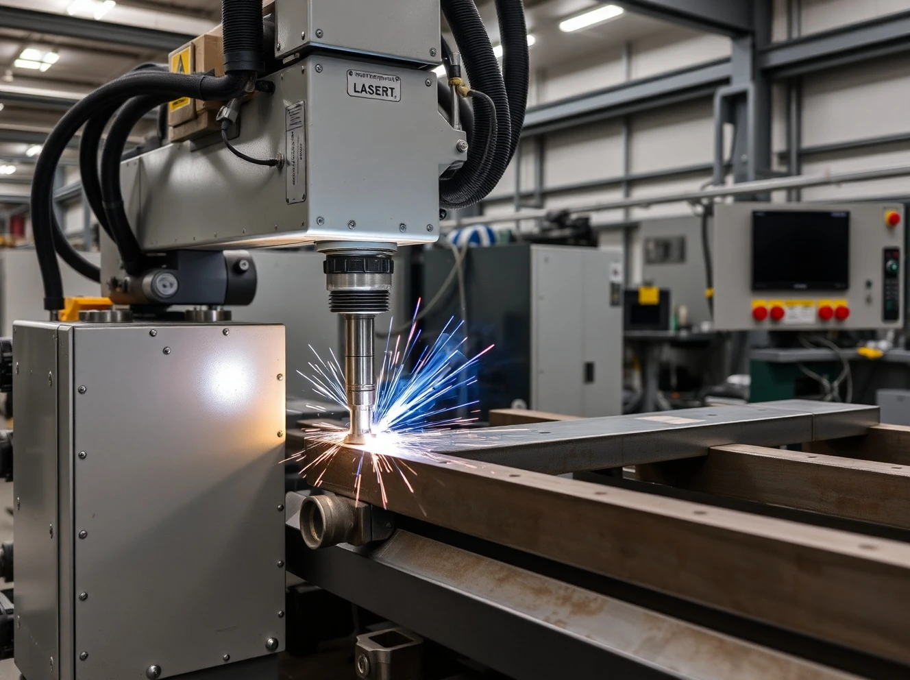 Professional operating laser welding machine with proper safety equipment in Canadian manufacturing facility