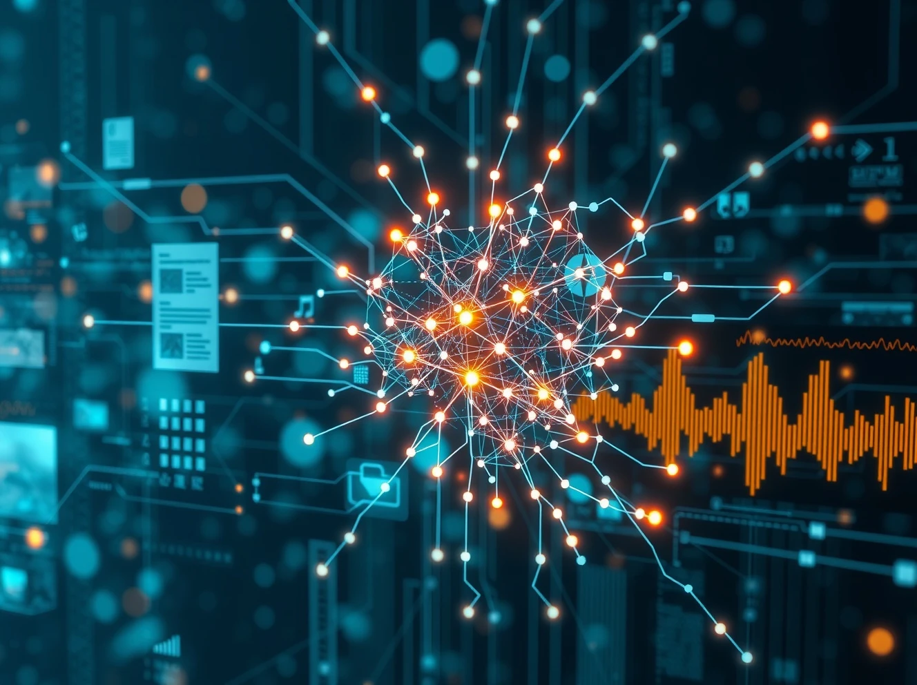LLMs unstructured data processing through AI neural networks analyzing multiple information streams