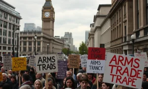 London arms fair protest with diverse demonstrators holding anti-weapons trade signs