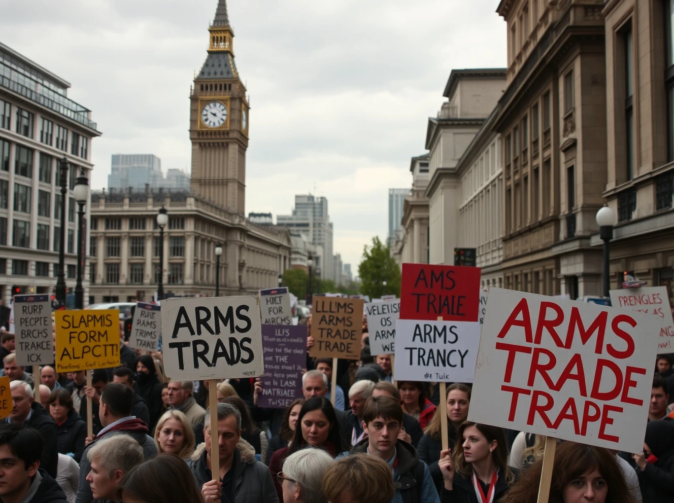 London arms fair protest with diverse demonstrators holding anti-weapons trade signs