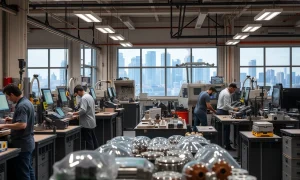 Modern London manufacturing facility showcasing innovation and economic growth with diverse workers operating advanced equipment