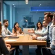 Business leader discussing remote working policies with young professionals in office setting