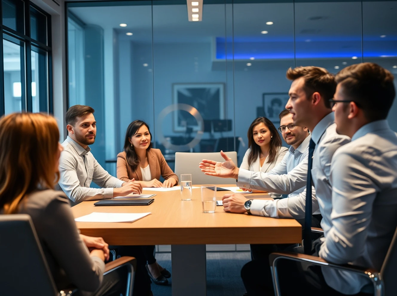 Business leader discussing remote working policies with young professionals in office setting