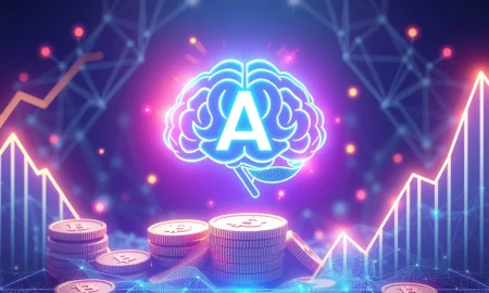 A digital representation of growth and innovation, showcasing Lyno AI tokens rising alongside an AI brain, symbolizing early presale success.