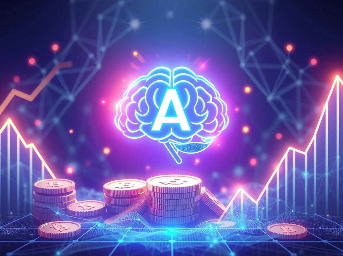 A digital representation of growth and innovation, showcasing Lyno AI tokens rising alongside an AI brain, symbolizing early presale success.