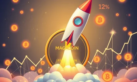 MAGACOIN FINANCE rocket launch symbolizing explosive growth potential through deflationary tokenomics