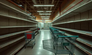Empty grocery store closure showing abandoned aisles and final days of operation