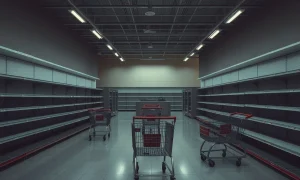 Empty retail store closures showing abandoned shopping carts and closed checkout counters