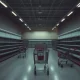Empty retail store closures showing abandoned shopping carts and closed checkout counters