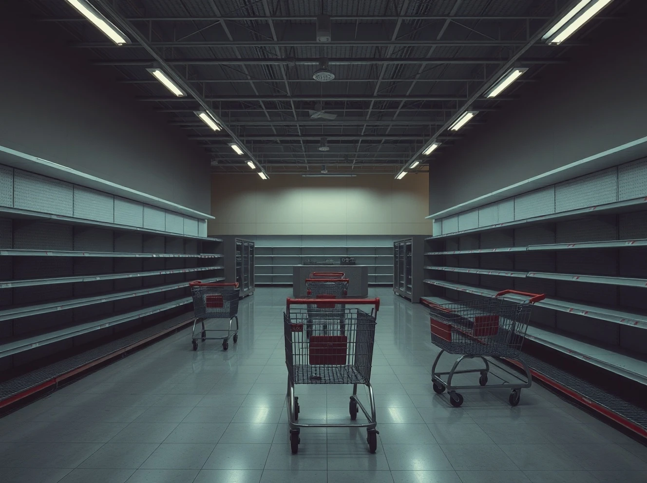Empty retail store closures showing abandoned shopping carts and closed checkout counters