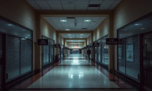 Empty mall corridor showing closed anchor stores with vacant storefronts and leasing signs