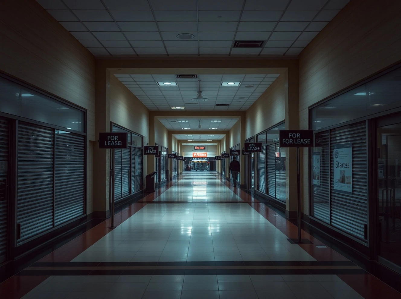 Empty mall corridor showing closed anchor stores with vacant storefronts and leasing signs