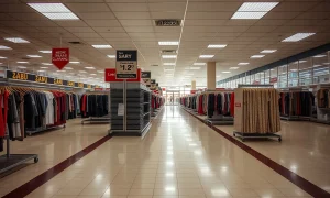 Empty department store showing mall anchors closing with vacant racks and clearance signage