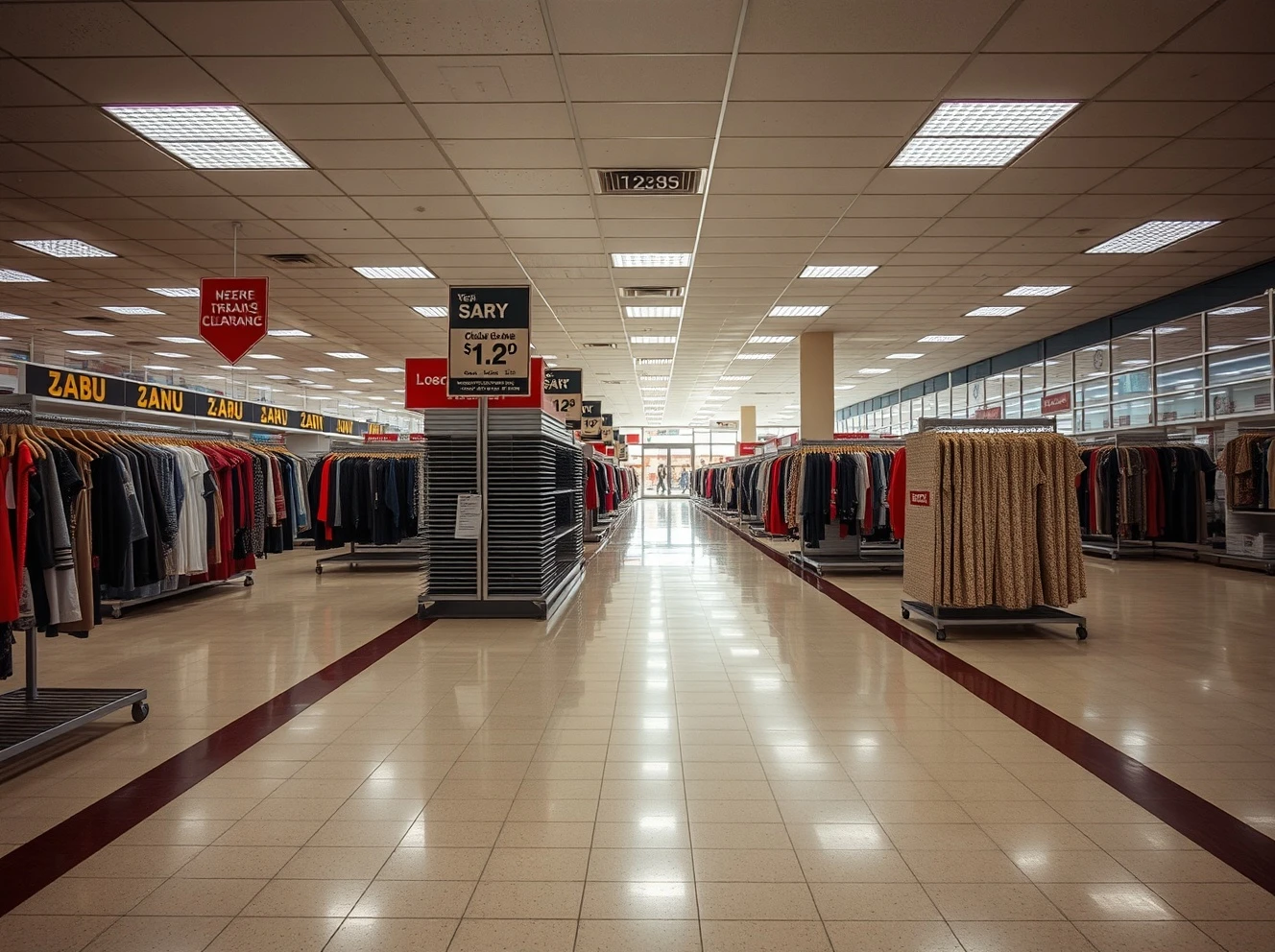 Empty department store showing mall anchors closing with vacant racks and clearance signage
