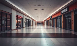 Empty mall corridor showing multiple store closures and retail decline