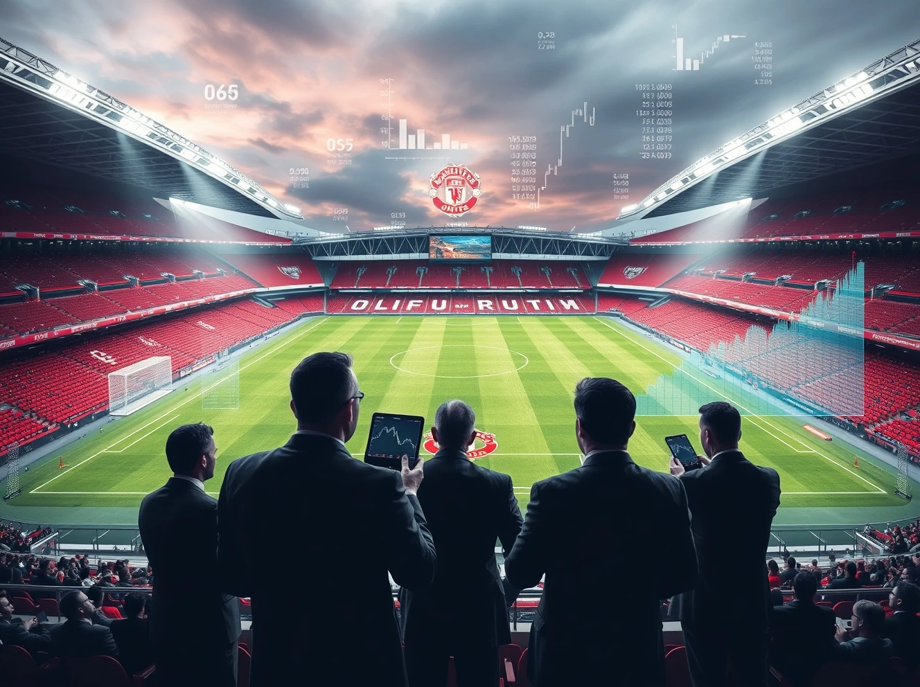 Manchester United finances analysis showing stadium with financial data overlay