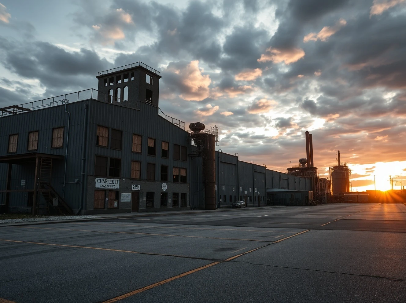 US manufacturing company filing Chapter 11 bankruptcy with empty factory and financial documents