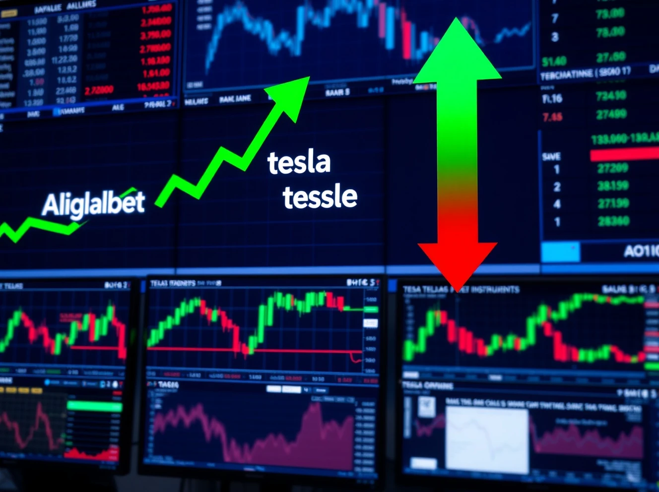 Market wrap today showing stock performance charts with Alphabet and Tesla gains versus Texas Instruments decline