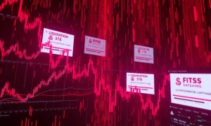 Massive crypto futures liquidation event showing cascading market losses and trading platform warnings