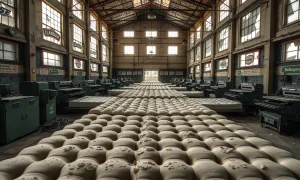 Historic mattress company factory closure showing abandoned manufacturing equipment and empty production floor